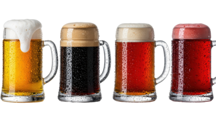 four heavy ceramic steins filled with distinct, icy cold craft beers (lager, stout, amber, red ale) covered in hyperdetailed condensation, on a transparent background Concept for beverage