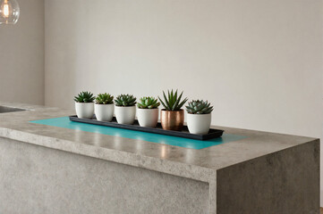 Six succulent plants in white and copper pots arranged on a black tray with a teal mat on a concrete countertop.