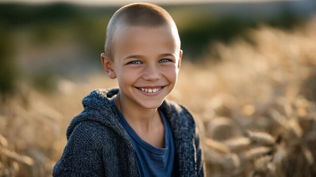 386Child without hair in a sunlit wheat field, bright and warm lighting enhances his beaming smile, a symbol of courage, resilience, and optimism