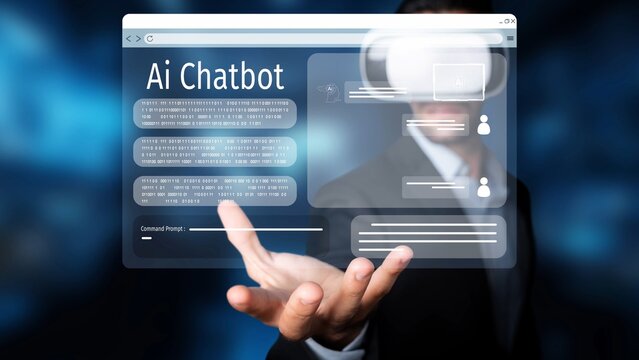 A businessman engages with a virtual reality environment showcasing an AI chatbot interface, highlighting modern technology role in business communication and innovation. Raster - Powered by Adobe