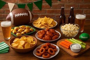 Assortment of classic game day snacks, beer, and a football on a wooden table with brick wall background for a sports party concept and casual celebration