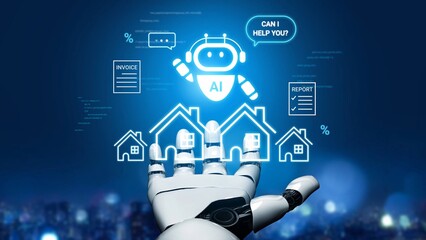 Futuristic robot hand reaching out with AI assistant icons for home management including report, invoice, and support in a digital cityscape background Gluon.