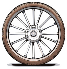 Fototapeta premium Vintage spoked wheel with brown tire and silver hub, illustration