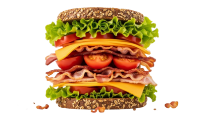 Tall rye sandwich with crispy bacon, cherry tomatoes, cheddar cheese, and crunchy lettuce leaves isolated on transparent background