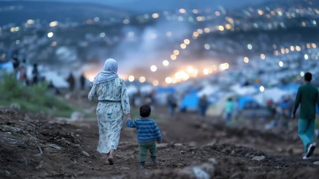 A long trail of refugees seen from behind, the woman holding the child&rsquo;s hand in the foreground, trudging over rough terrain toward a small, guarded border crossing marked by dista
