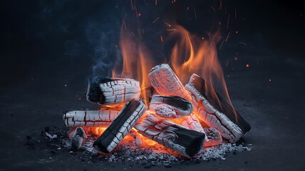 Burning charred wood logs with bright orange flames and white ash on a dark background