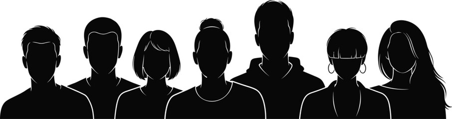 Diverse silhouette group of young people standing together in a row as a multicultural community team for social inclusion concept