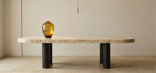 A modern marble dining table with black cylindrical legs and a amber glass vase on top, set against a neutral wall with a hanging pendant light.