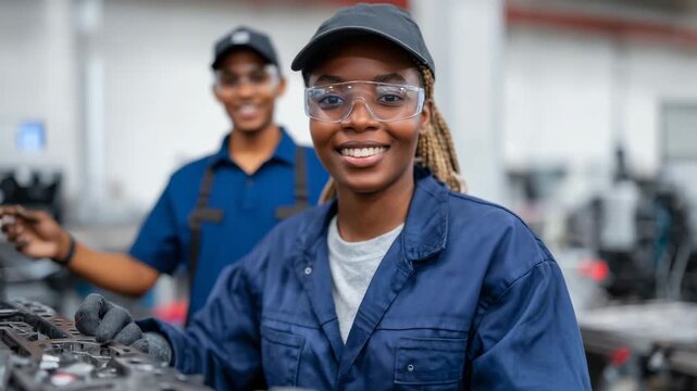 African American woman apprentice in a manufacturing plant assembling mechanical components on a metal table, switching from electrical to mechanical installation work, with a blan