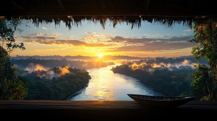 Serene Amazon river sunset with wooden boat on tranquil waters