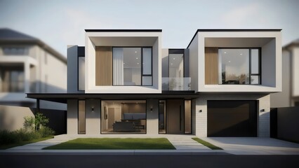 Fototapeta premium A modern two-story house with a sleek and contemporary architectural design