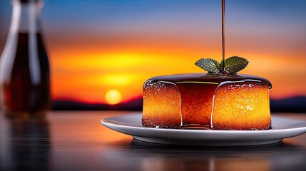 Syrup drizzled over dessert at sunset