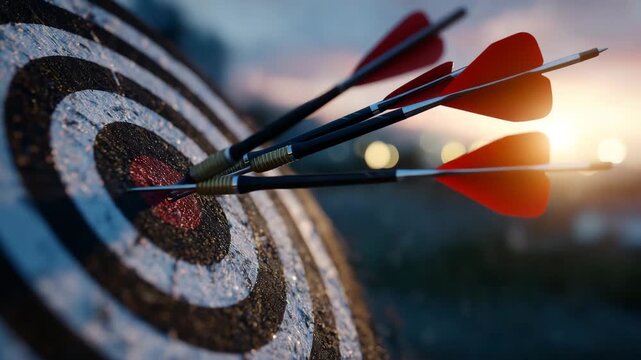 Arrow splits the middle of the target at sunset, glowing dust particles in air, dramatic lighting highlighting accuracy and determination