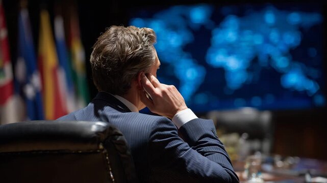Back perspective of a politician seated at a conference table, phone to the ear, world flags arranged behind them, and a large screen displaying negotiation routes and diplomatic t