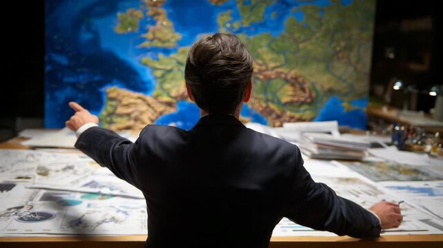 Back shot of a diplomatic figure pointing at a color-coded geopolitical map of Europe, documents, charts, and negotiation tools spread across a strategic planning table