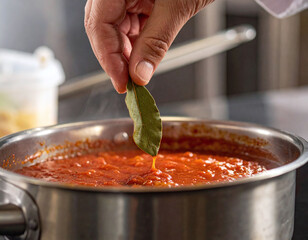 Expert chef adding a fresh bay leaf to rich, simmering tomato sauce. This authentic culinary shot captures flavor and craft, perfect for restaurant marketing and gourmet recipe content.