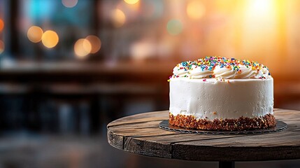 Delicious white frosted cake with colorful sprinkles on wooden table