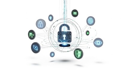 A digital illustration of a padlock surrounded by various security icons on a white background representing cyber security and data protection