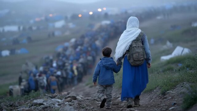 Back shot of a woman and child leading a column of refugees stretching far into the distance, walking toward a mist-covered border crossing, the atmosphere heavy with struggle, uni