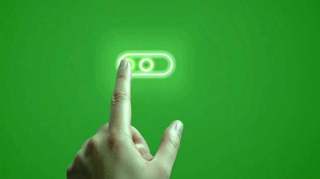 A woman&rsquo;s finger presses a digital green button symbol on a touchscreen to click a success concept representing future technology and internet communication ideas