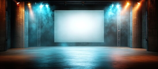 Dramatic studio with fog and spotlights on empty screen