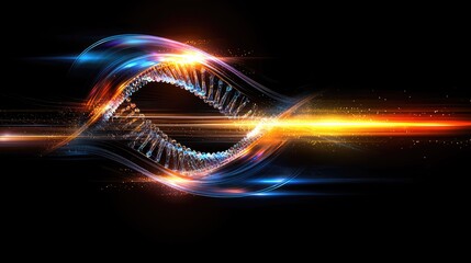 Vibrant DNA double helix with glowing light trails on black background