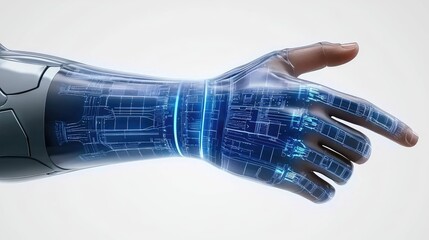 Cyborg hand with circuit board design and blue glowing lines