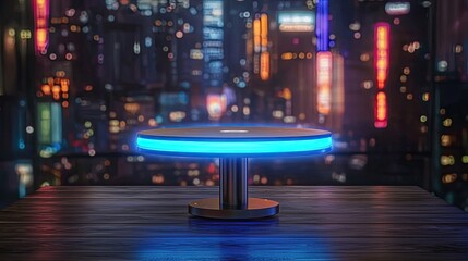 Glowing blue table on wooden surface with city lights background