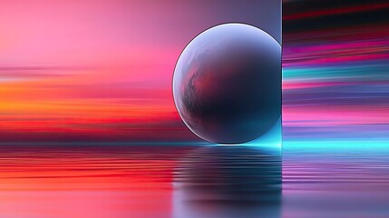 Vibrant planet hovering over colorful cosmic ocean landscape