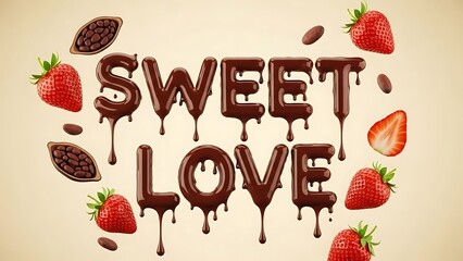 Sweet Love Chocolate Text with Strawberries and Cacao Pods lettering