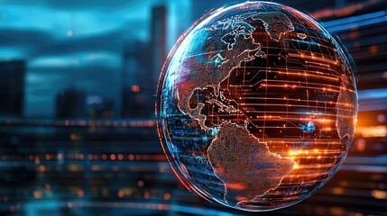 Glowing digital globe with cityscape background