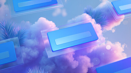 A futuristic digital landscape shows floating blue screens in clouds.