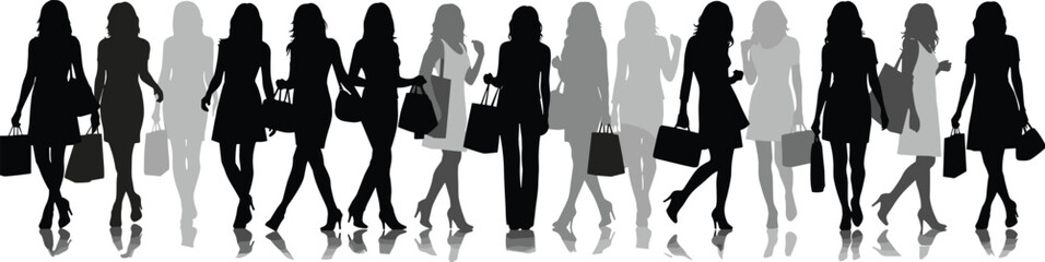 Silhouette of a large group of fashionable women carrying shopping bags, retail consumerism concept, diverse shoppers walking during seasonal sales.