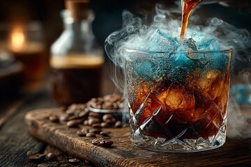 A mesmerizing coffee cocktail captured in a crystal glass, featuring ice and captivating smoke, on rustic wooden board.