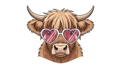 Naklejka premium Cute highland cow wearing trendy heart shaped sunglasses