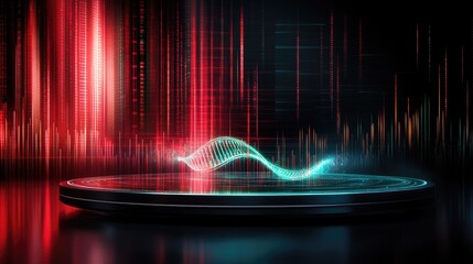 Vibrant digital DNA helix glowing on futuristic circular platform