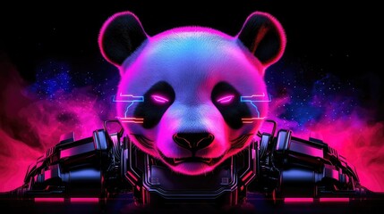 Cyberpunk panda with neon eyes and robotic enhancements