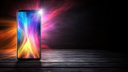 Smartphone with vibrant display on wooden table with colorful light effects