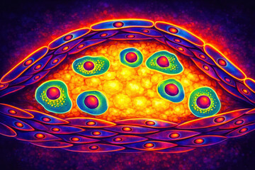 Atherosclerotic plaque, generative ai illustration showing lipid core, macrophages, smooth muscle cells and fibrous cap within an arterial wall