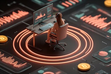 A stylized digital rendering features a woman analyzing data on a computer amidst cryptocurrency charts and neon accents.