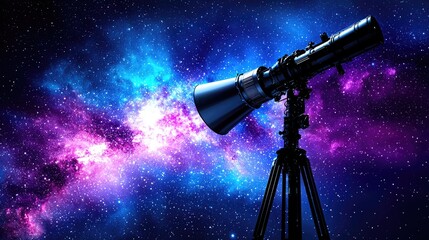 Side view of a futuristic space observatory with advanced telescopes scanning distant stars, colorful background and astronomy technology concept.