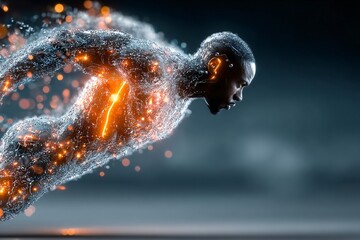 A powerful image of a man running, composed of digital energy, representing speed, strength and futuristic technology.