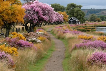A scenic path winds through a vibrant landscape with colorful heather, wildflowers, and trees leading to a quaint cottage.