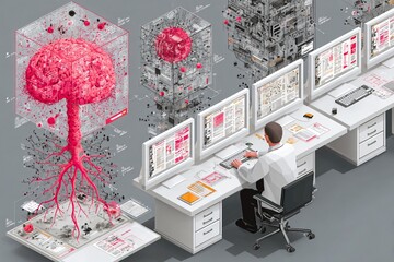 Conceptual illustration of a scientist analyzing data and complex neural network with artificial intelligence in a futuristic workplace.