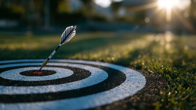 Cinematic shot of archery target with arrow dead-center, long shadows stretching across grass, symbolizing business strategy and goal success