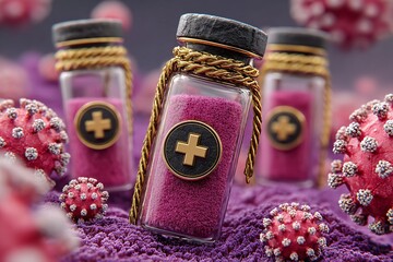 Conceptual representation of COVID-19 and its treatment showcasing vials filled with pink substance and golden accents.