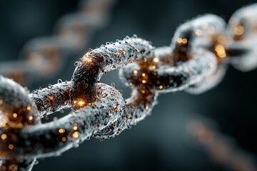 A metallic chain links glistens, showcasing strength and digital connection with abstract and technological design elements.