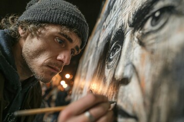 An artist with a beanie meticulously paints a monochrome portrait with intense concentration and creative expression during an evening