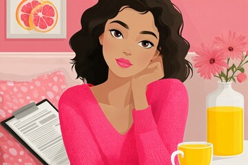 A beautiful cartoon woman is depicted relaxing in a cozy pink room with flowers and a drink.