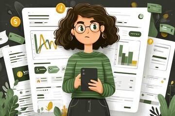 A worried woman surrounded by documents, charts, and money, holding her phone in digital illustration art.